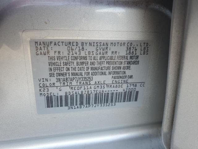 3N1AB7AP7JY335253 - 2018 NISSAN SENTRA S 银色 照片 12