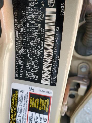 4T4BF1FK3CR223427 - 2012 TOYOTA CAMRY BASE ოქროსფერი ფოტო 12