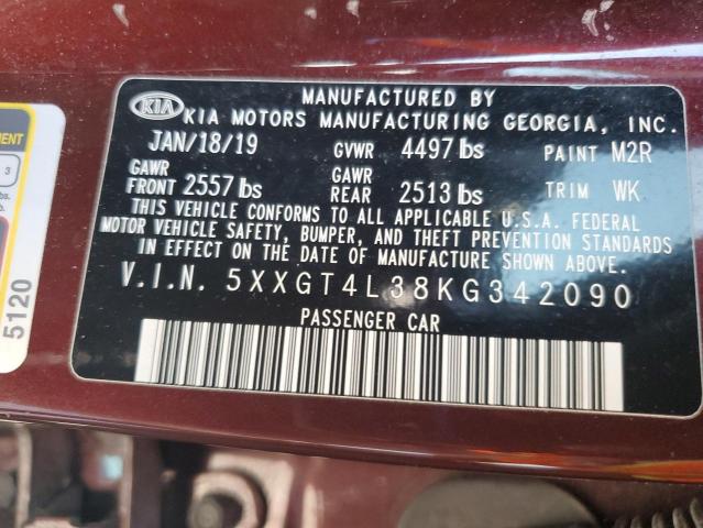 5XXGT4L38KG342090 - 2019 KIA OPTIMA LX 紫色 照片 12