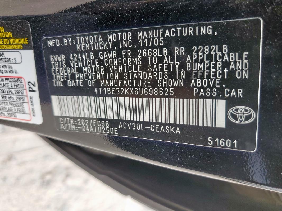 4T1BE32KX6U698625 - 2006 TOYOTA CAMRY LE BLACK photo 12