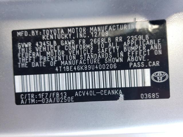 4T1BE46K89U400206 - 2009 TOYOTA CAMRY BASE SILVER photo 12