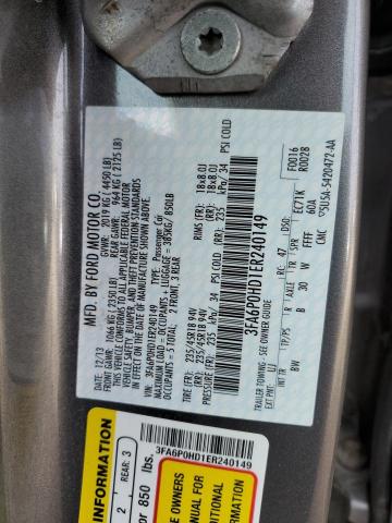 3FA6P0HD1ER240149 - 2014 FORD FUSION SE GRAY photo 12