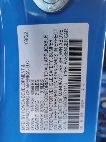 19XFL1H86NE021113 - 2022 HONDA CIVIC SPORT TOURING BLUE photo 12