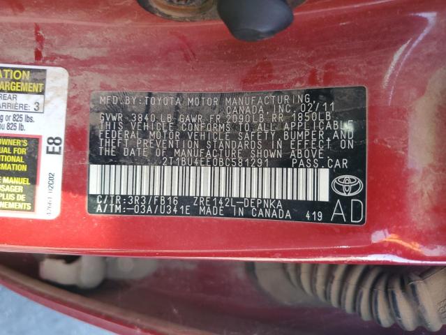 2T1BU4EE0BC581291 - 2011 TOYOTA COROLLA BASE 红色 照片 12