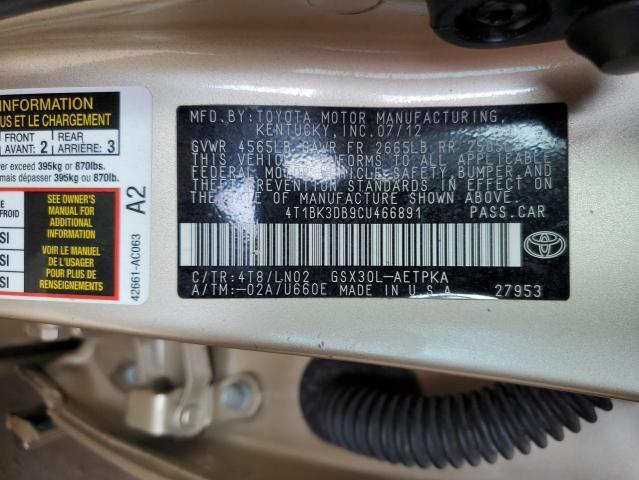 4T1BK3DB9CU466891 - 2012 TOYOTA AVALON BASE Altın fotoğraf 12