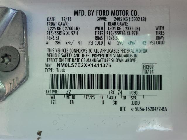 NM0LS7E2XK1411376 - 2019 FORD TRANSIT CONNECT XL WHITE photo 13
