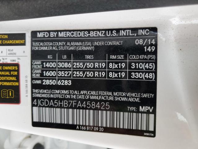 4JGDA5HB7FA458425 - 2015 MERCEDES-BENZ ML 350 4MATIC WHITE photo 12