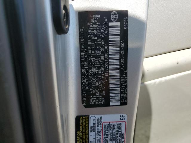 4T1BE32K64U905301 - 2004 TOYOTA CAMRY LE ვერცხლისფერი ფოტო 12