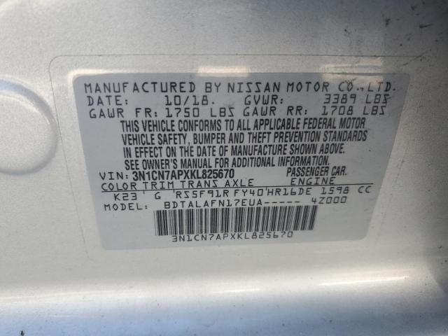 3N1CN7APXKL825670 - 2019 NISSAN VERSA S Gümüş foto 12