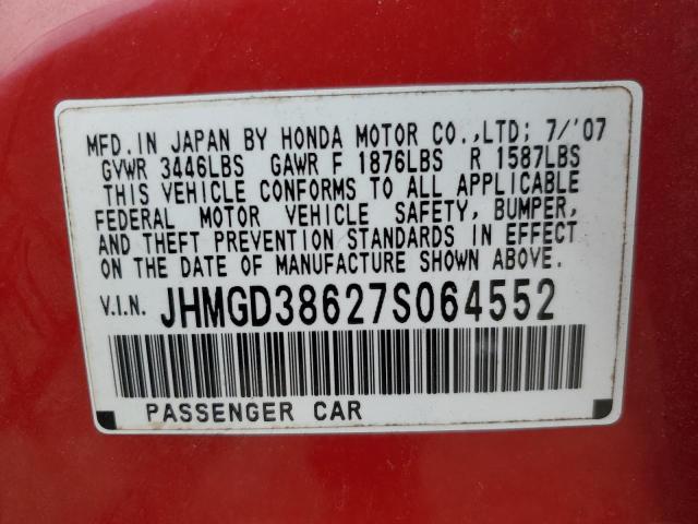 JHMGD38627S064552 - 2007 HONDA FIT S წითელი ფოტო 12