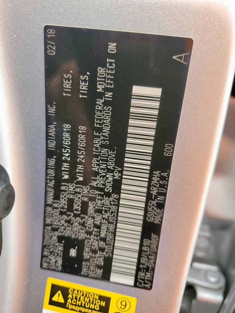 5TDJZRFH8JS538178 - 2018 TOYOTA HIGHLANDER SE Argent photo 13