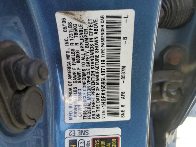1HGFA16596L107119 - 2006 HONDA CIVIC LX BLUE photo 12
