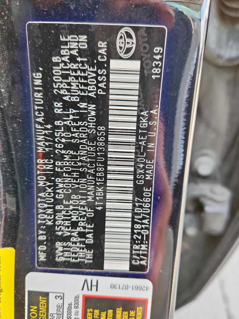 4T1BK1EB8FU138658 - 2015 TOYOTA AVALON XLE 黑色 照片 13