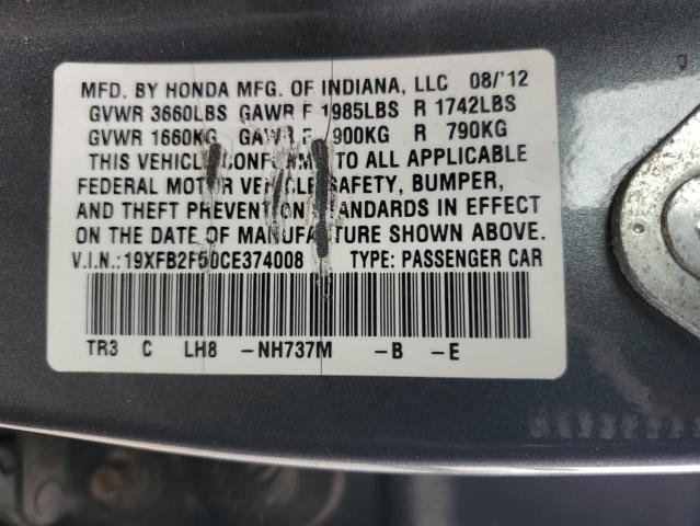 19XFB2F50CE374008 - 2012 HONDA CIVIC LX GRAY photo 12