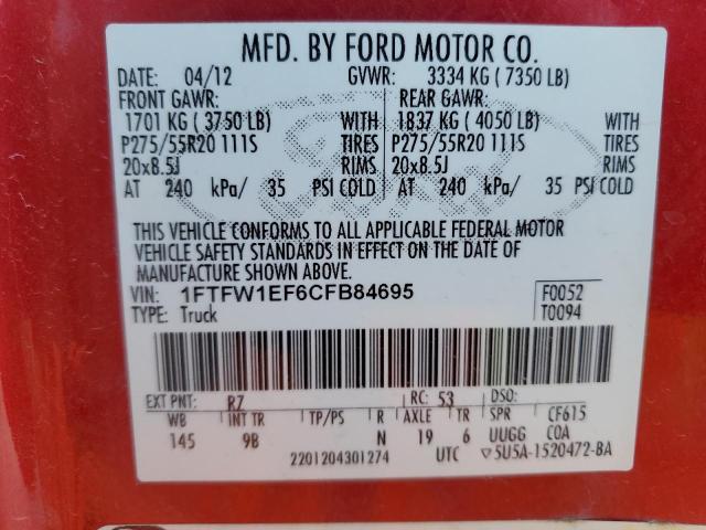 1FTFW1EF6CFB84695 - 2012 FORD F150 SUPERCREW RED photo 12