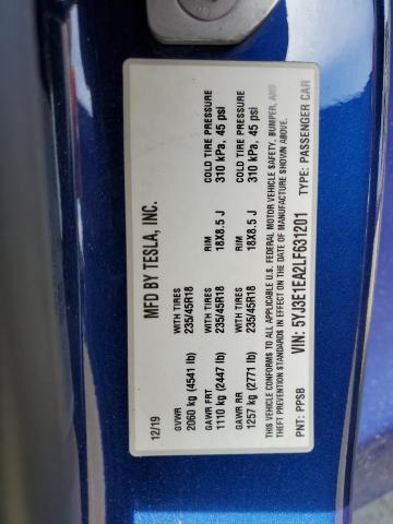 5YJ3E1EA2LF631201 - 2020 TESLA MODEL 3 BLUE photo 12