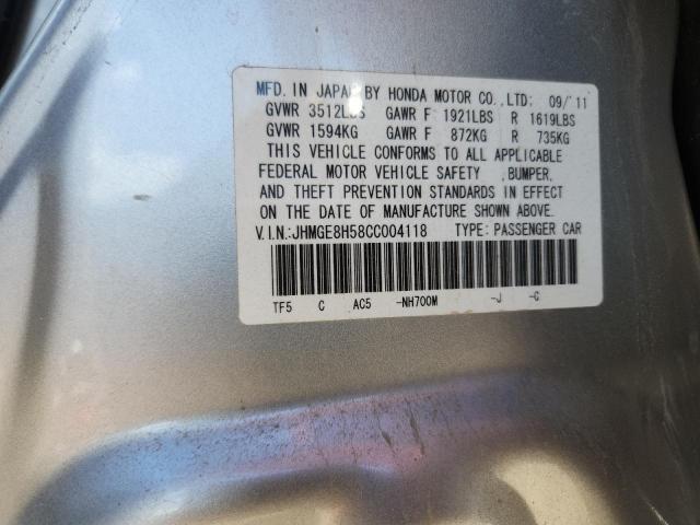 JHMGE8H58CC004118 - 2012 HONDA FIT SPORT SILVER photo 12