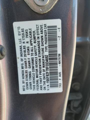 19XFB2F78FE034692 - 2015 HONDA CIVIC SE GRAY photo 12