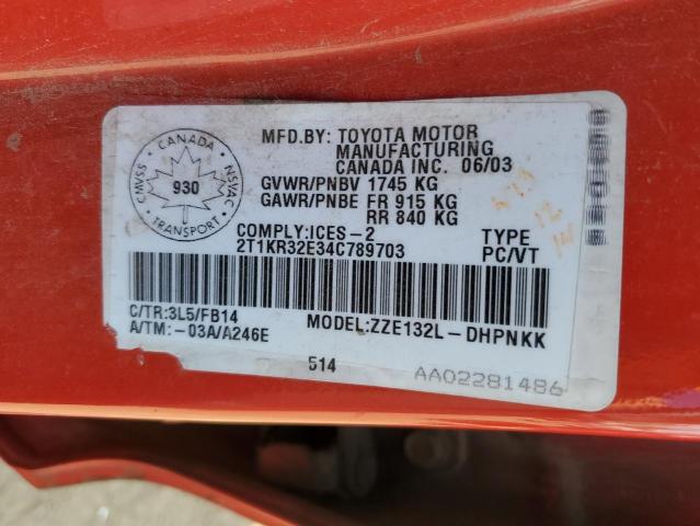 2T1KR32E34C789703 - 2004 TOYOTA COROLLA MA XR RED photo 12
