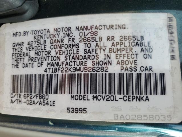 4T1BF22K9WU926282 - 1998 TOYOTA CAMRY CE 绿色 照片 12