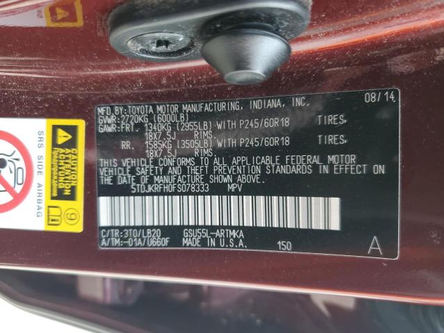 5TDJKRFH0FS078333 - 2015 TOYOTA HIGHLANDER XLE Bordo foto 13
