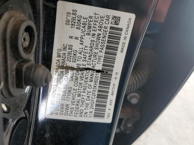 2HGFC2F63KH600195 - 2019 HONDA CIVIC LX Қара фото 12