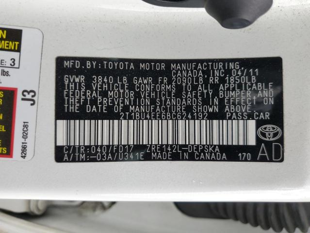 2T1BU4EE6BC624192 - 2011 TOYOTA COROLLA BASE თეთრი ფოტო 12