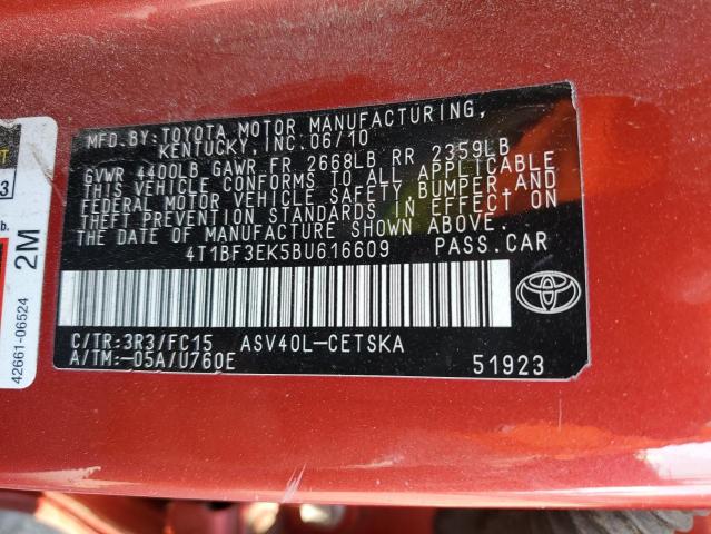 4T1BF3EK5BU616609 - 2011 TOYT CAMRY BASE RED photo 12