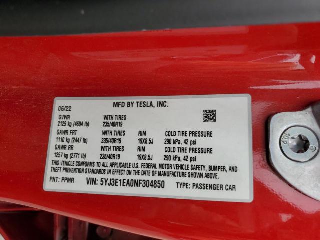 5YJ3E1EA0NF304850 - 2022 TESLA MODEL 3 RED photo 12
