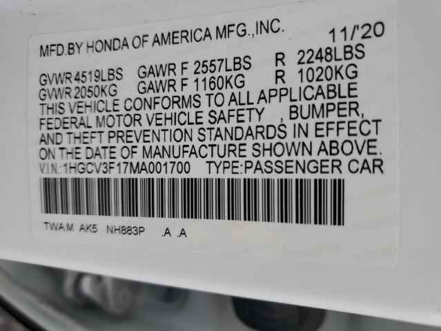 1HGCV3F17MA001700 - 2021 HONDA ACCORD HYBRID WHITE photo 12