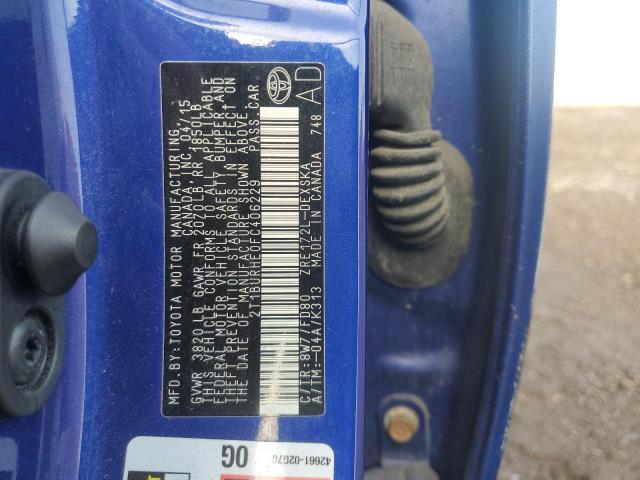 2T1BURHE0FC406229 - 2015 TOYOTA COROLLA L BLUE photo 12