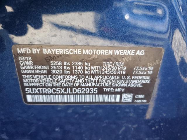 5UXTR9C5XJLD62935 - 2018 BMW X3 XDRIVE30I Կապույտ լուսանկար 13