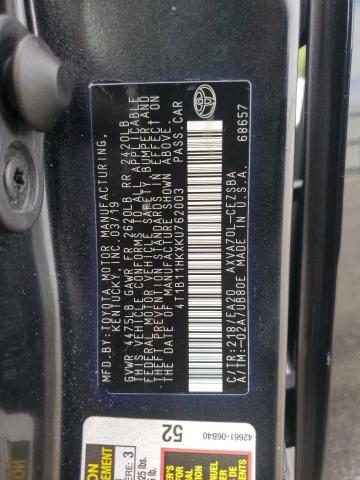 4T1B11HKXKU762003 - 2019 TOYOTA CAMRY L შავი ფოტო 12