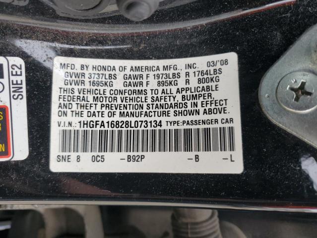 1HGFA16828L073134 - 2008 HONDA CIVIC EX BLACK photo 12