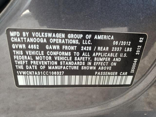 1VWCN7A31CC106327 - 2012 VOLKSWAGEN PASSAT SEL Մոխրագույն լուսանկար 12