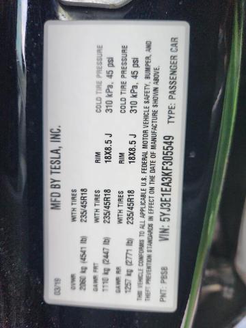 5YJ3E1EA3KF305549 - 2019 TESLA MODEL 3 黑色 照片 12