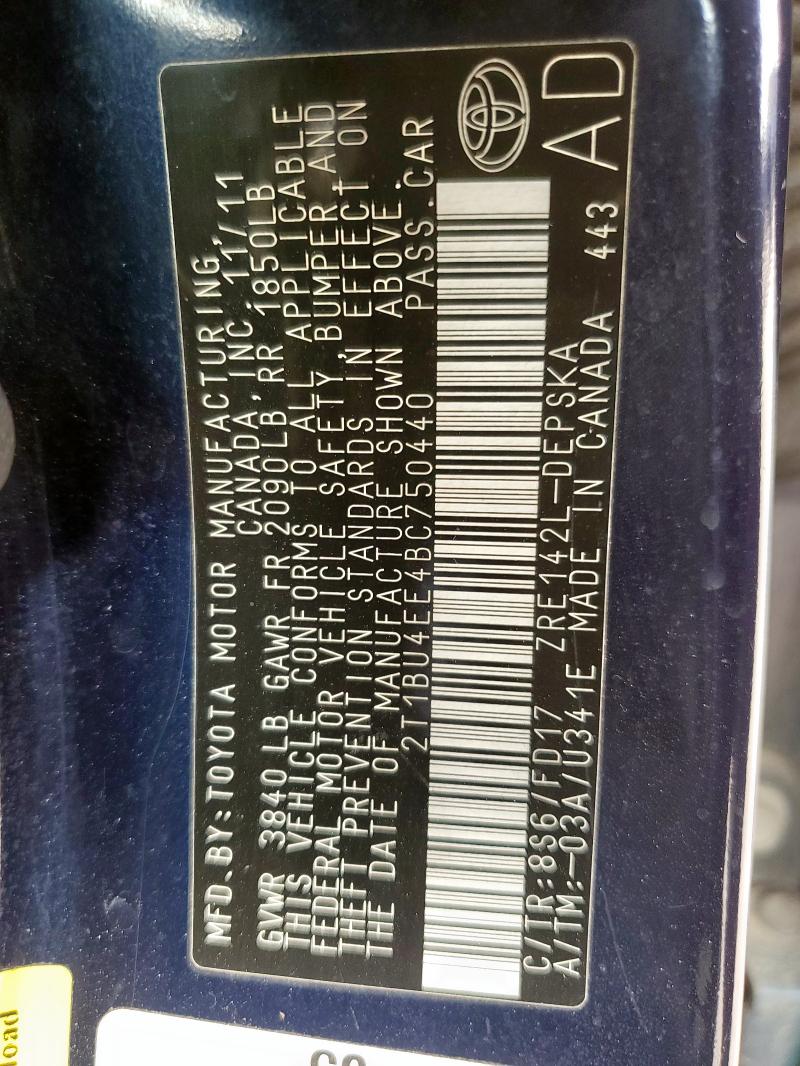 2T1BU4EE4BC750440 - 2011 TOYOTA COROLLA BASE أزرق صورة 12