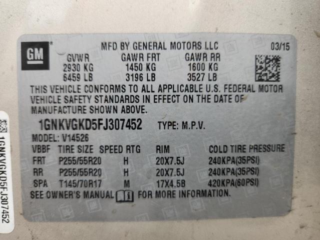 1GNKVGKD5FJ307452 - 2015 CHEVROLET TRAVERSE LT GOLD photo 13