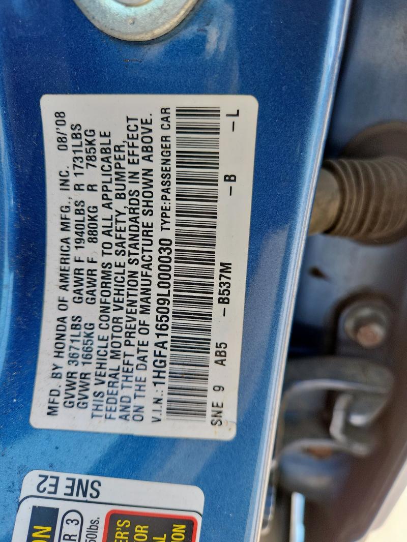 1HGFA16509L000030 - 2009 HONDA CIVIC LX BLUE photo 12