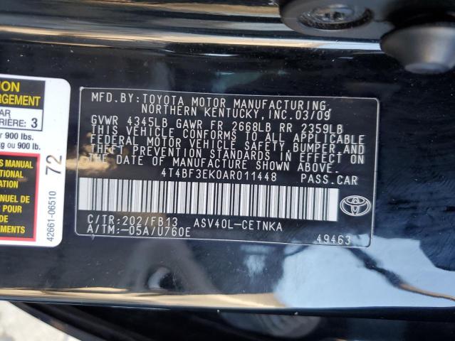 4T4BF3EK0AR011448 - 2010 TOYOTA CAMRY BASE BLACK photo 12