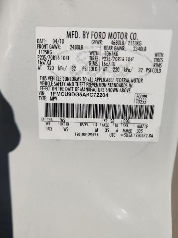 1FMCU9DG5AKC72204 - 2010 FORD ESCAPE XLT WHITE photo 13