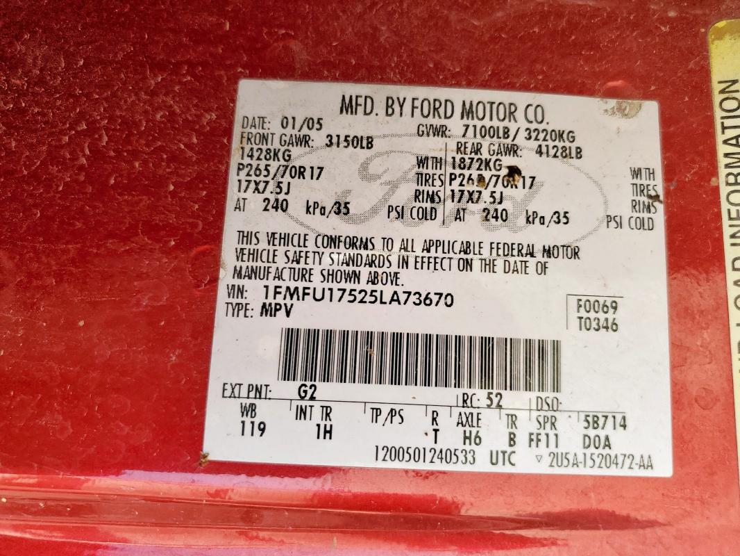 1FMFU17525LA73670 - 2005 FORD EXPEDITION EDDIE BAUER Қызыл фото 13