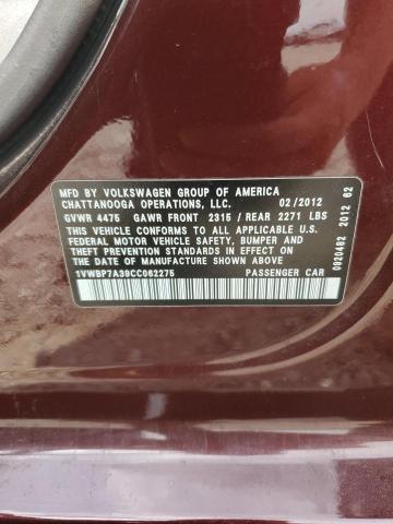 1VWBP7A39CC062275 - 2012 VOLKSWAGEN PASSAT SE ბურგუნდია ფოტო 12