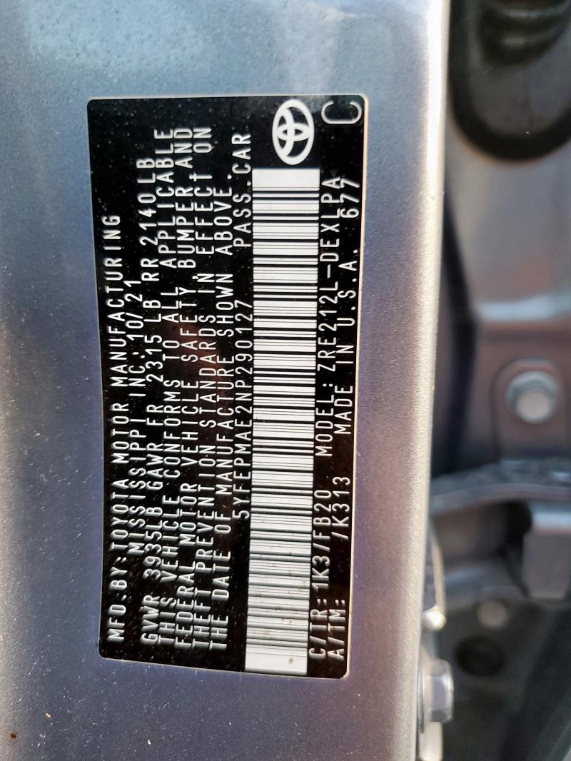 5YFEPMAE2NP290127 - 2022 TOYOTA COROLLA LE رمادي صورة 13