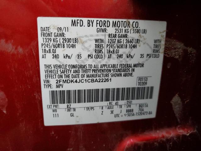 2FMDK4JC1CBA22261 - 2012 FORD EDGE SEL RED photo 12