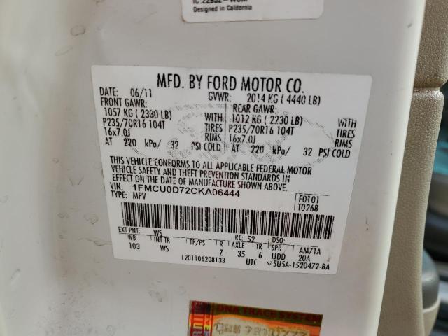 1FMCU0D72CKA06444 - 2012 FORD ESCAPE XLT WHITE photo 13