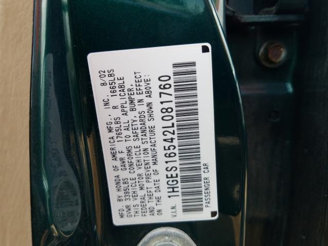 1HGES16542L081760 - 2002 HONDA CIVIC LX 绿色 照片 19