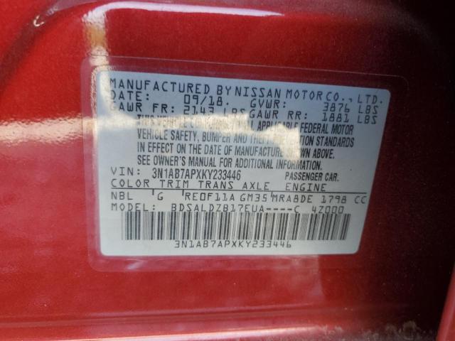 3N1AB7APXKY233446 - 2019 NISSAN SENTRA S RED photo 12