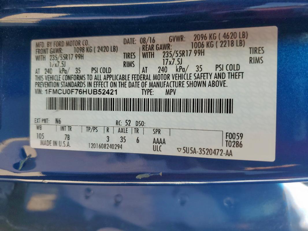 1FMCU0F76HUB52421 - 2017 FORD ESCAPE S 蓝色 照片 14