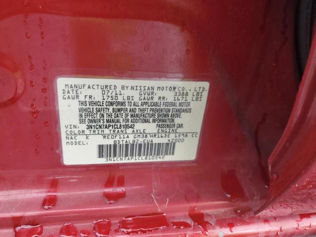 3N1CN7AP1CL810542 - 2012 NISSAN VERSA S 红色 照片 13